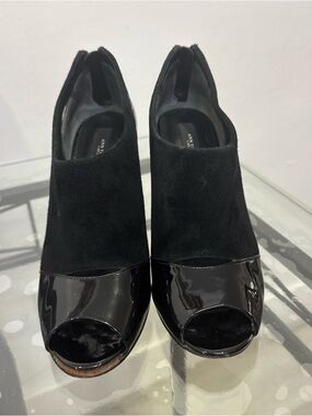 Ann Taylor Black Suede and Patent Peep-Toe Bootie Heels
